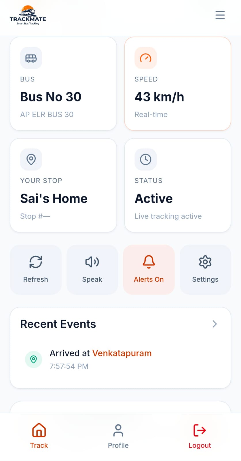 TrackMate student dashboard